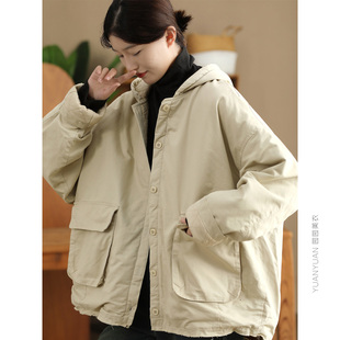 园园美衣冬季复古全棉连帽加厚外套女内里菱格夹棉保暖风衣棉衣1