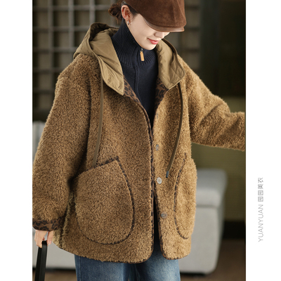 羊羔毛加厚中长款连帽外套