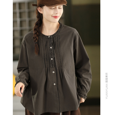 全棉木耳边衬衫风琴褶长袖上衣