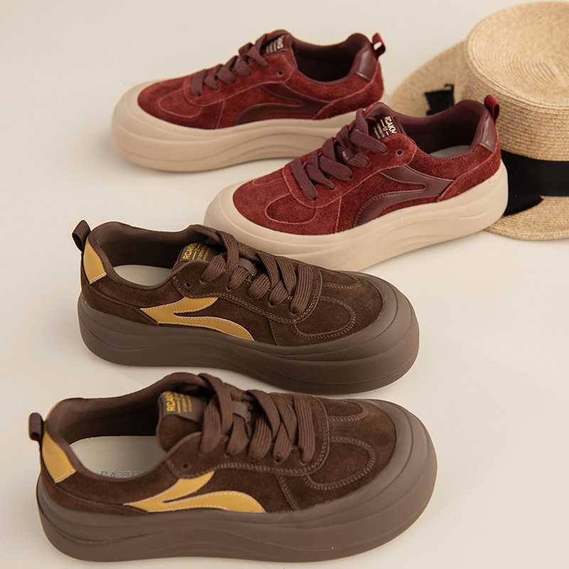 拼色系带真皮厚底鞋增高鞋