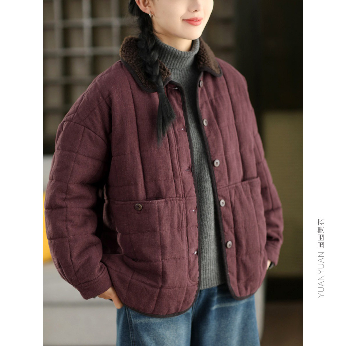 园园美衣冬季复古100%亚麻夹棉外套拼接羊羔毛翻领加厚保暖棉袄,女装/女士精品,棉衣/棉服,淘宝优惠券,粉丝福利购,淘宝优惠卷