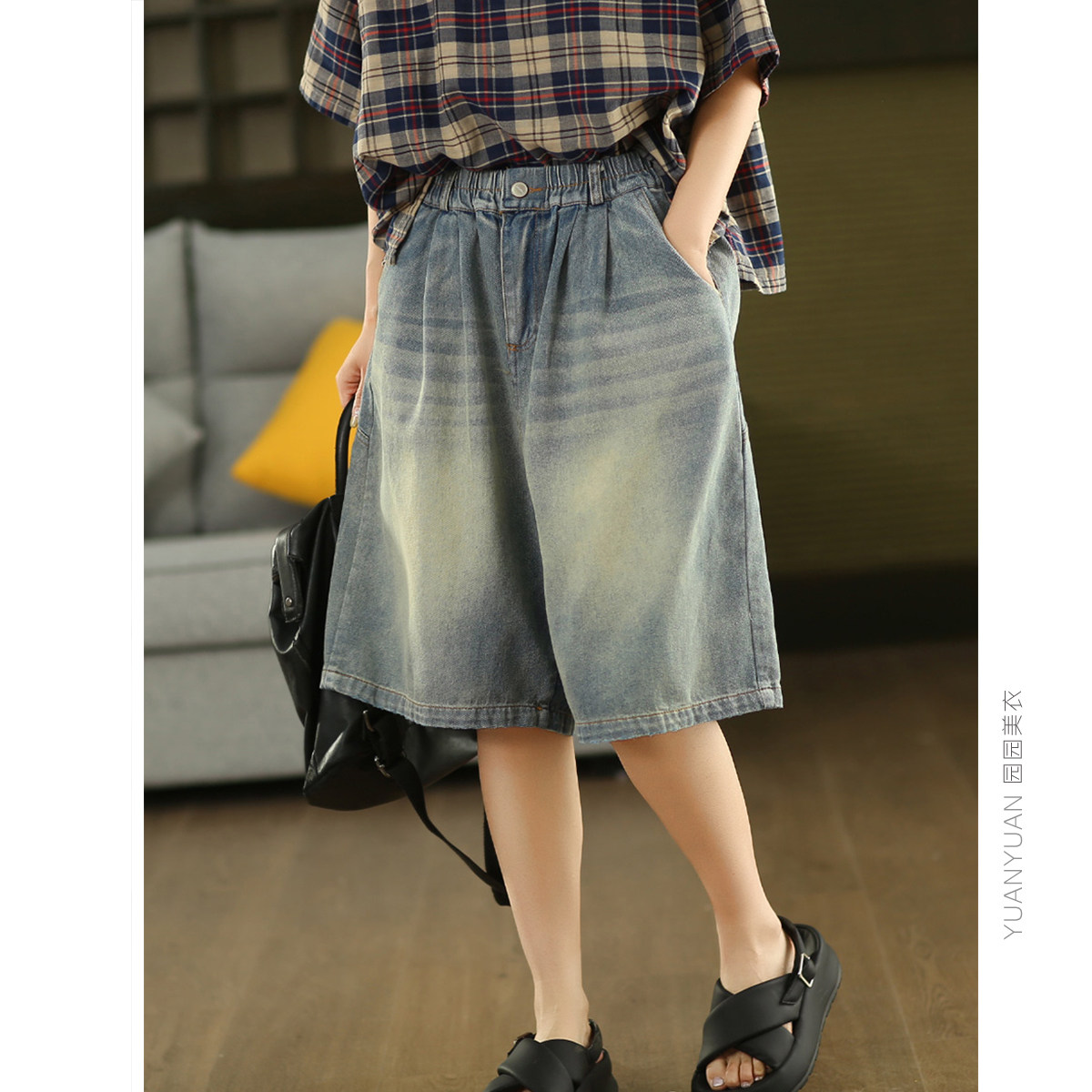 园园美衣复古炒色全棉牛仔中裤女高腰磨白水洗阔腿裤文艺五分裤夏,女装/女士精品,牛仔裤,淘宝优惠券,粉丝福利购,淘宝优惠卷