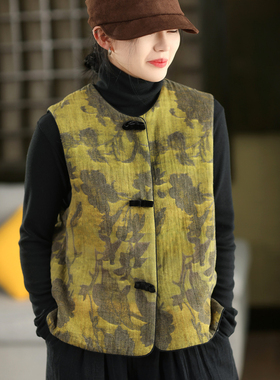 新中式盘扣提花马甲复古亚麻国风刺绣无袖马夹上衣内里填充绵羊毛