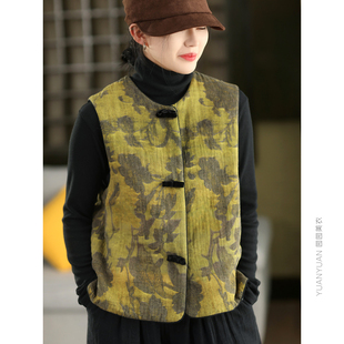 新中式 马夹上衣内里填充绵羊毛 盘扣提花马甲复古亚麻国风刺绣无袖