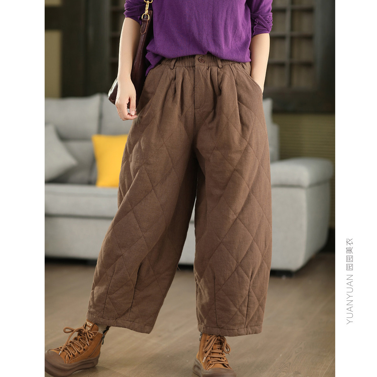 园园美衣秋冬砂洗100%亚麻夹棉棉裤重工菱格加厚棉裤保暖九分裤,女装/女士精品,棉裤/羽绒裤,淘宝优惠券,粉丝福利购,淘宝优惠卷