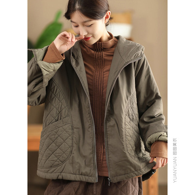 夹棉复古宽松连帽棉衣保暖