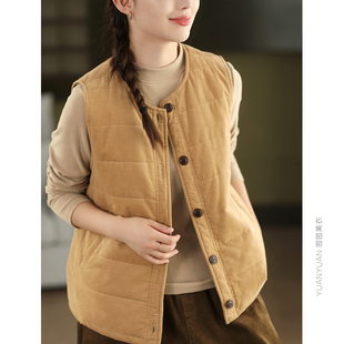 秋冬复古全棉灯芯绒加厚马甲外套女细条绒夹棉棉服马夹外搭保暖