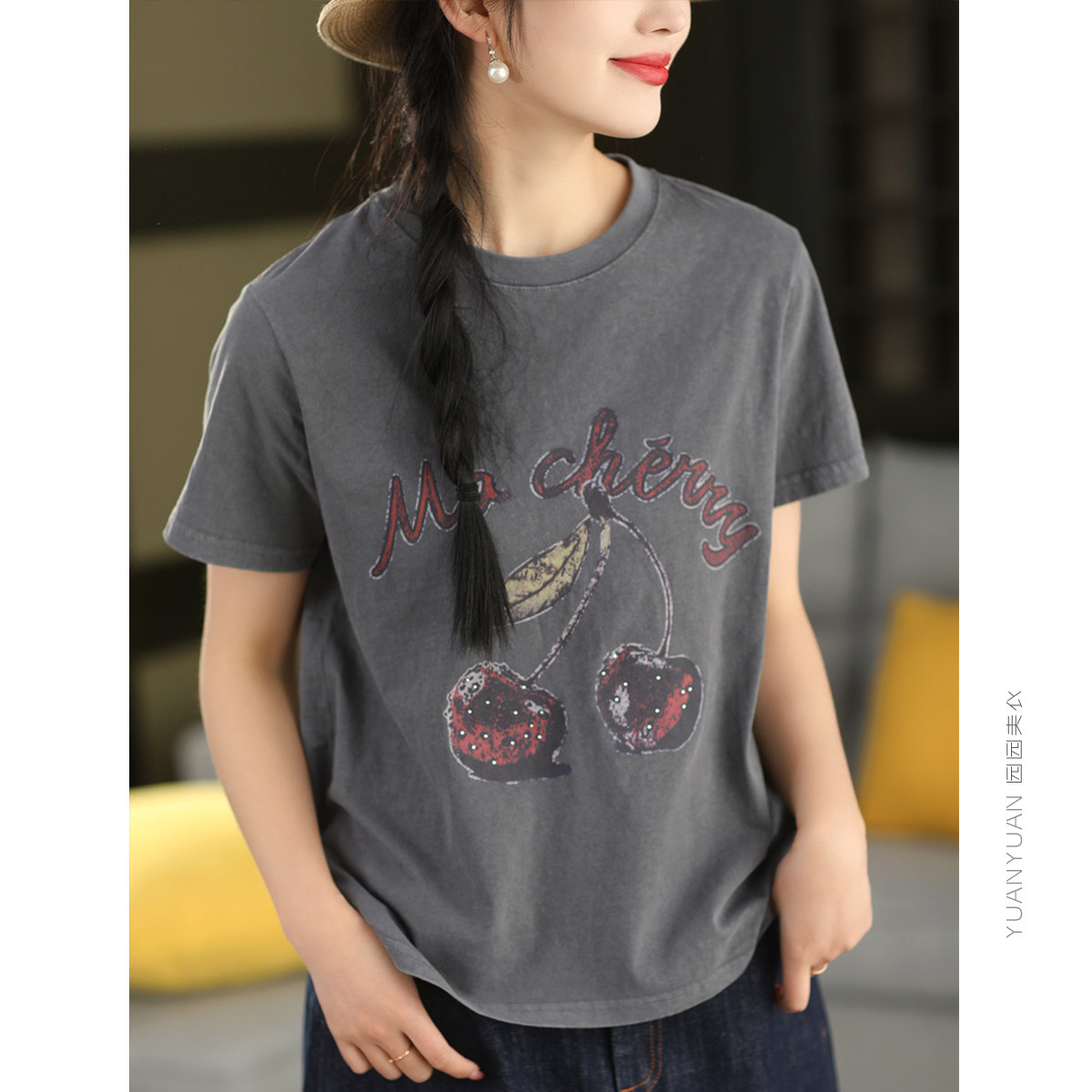 植物炒色复古印花100%棉短袖女夏季圆领套头衫文艺百搭T恤上衣