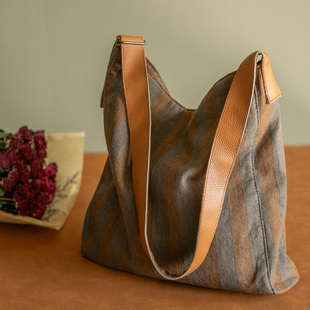 色织亚麻炒色条纹帆布包真皮可调节肩带托特包大容量单肩包斜跨包