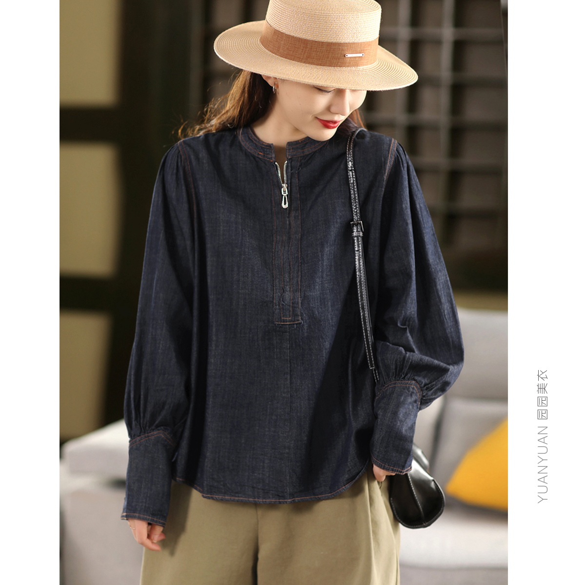 重工酵素水洗牛仔衬衫女撞色明线半拉链上衣复古宫廷长袖气质衬衣
