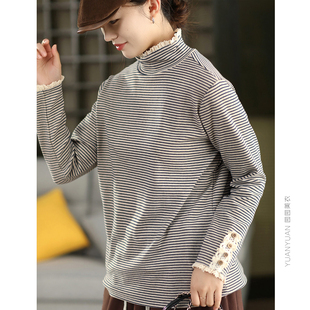 园园美衣100%棉细条纹打底衫女文艺拼接花边领长袖内搭套头衫T恤