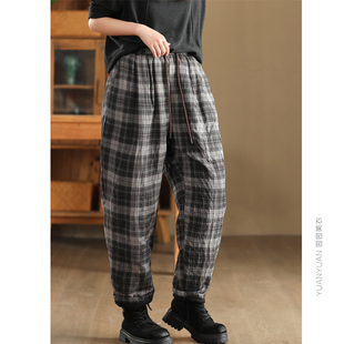 园园美衣复古色织砂洗亚麻格纹夹棉棉裤女松紧腰加厚保暖麻裤冬季