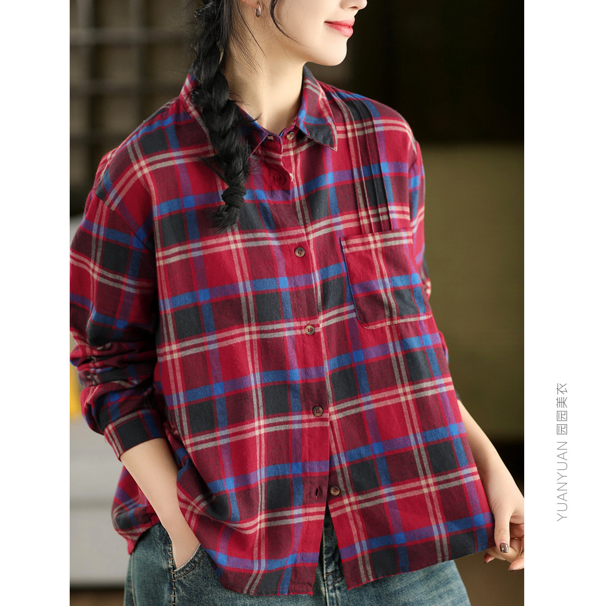 园园美衣新款复古100%棉格纹衬衫女春款气质格子衬衣长袖全棉上衣,女装/女士精品,衬衫,淘宝优惠券,粉丝福利购,淘宝优惠卷