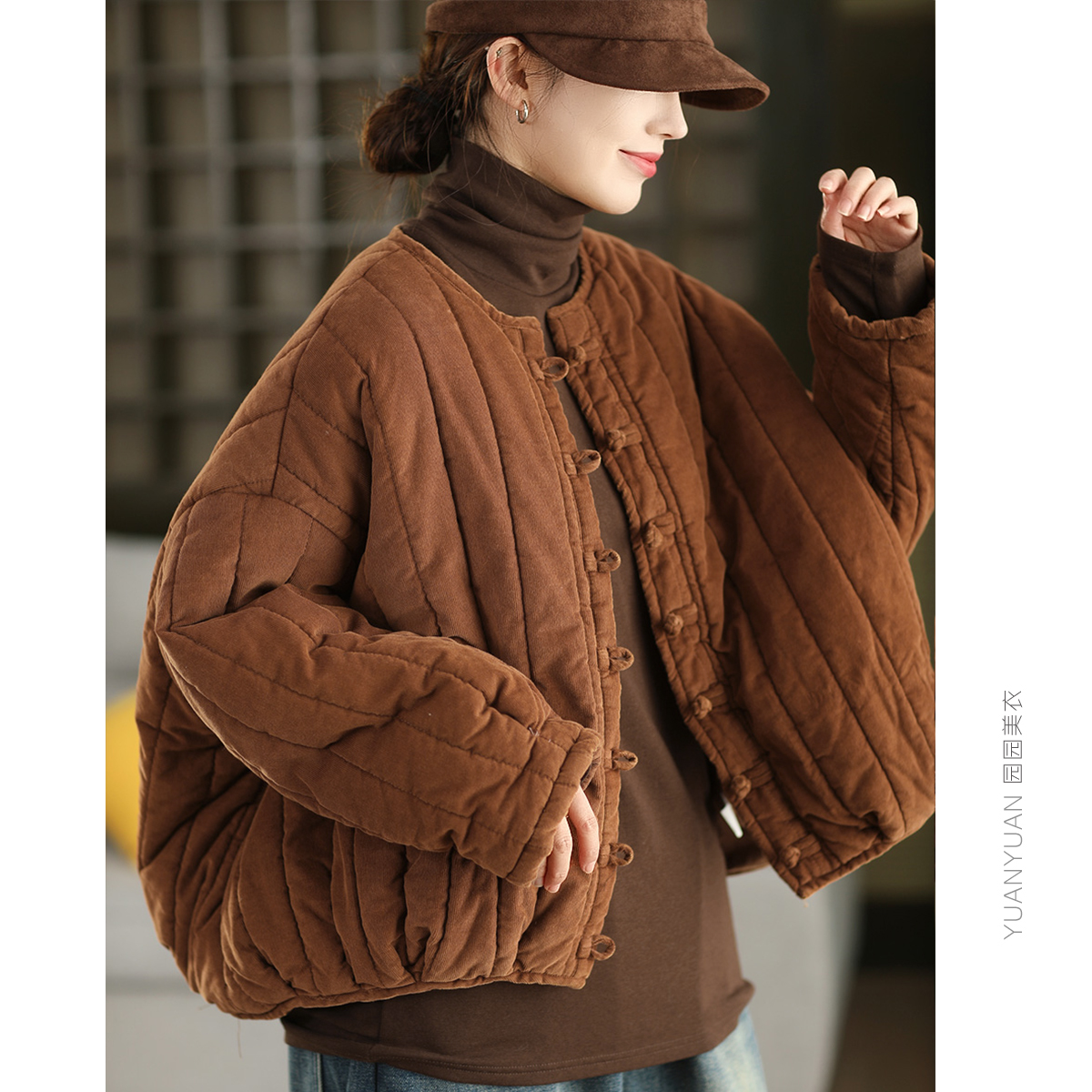 全棉细条绒夹棉外套盘扣保暖棉袄