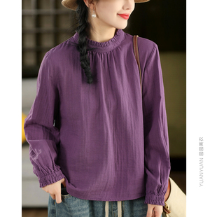全棉上衣 女文艺木耳领衬衣气质套头衫 园园美衣新款 复古100%棉衬衫