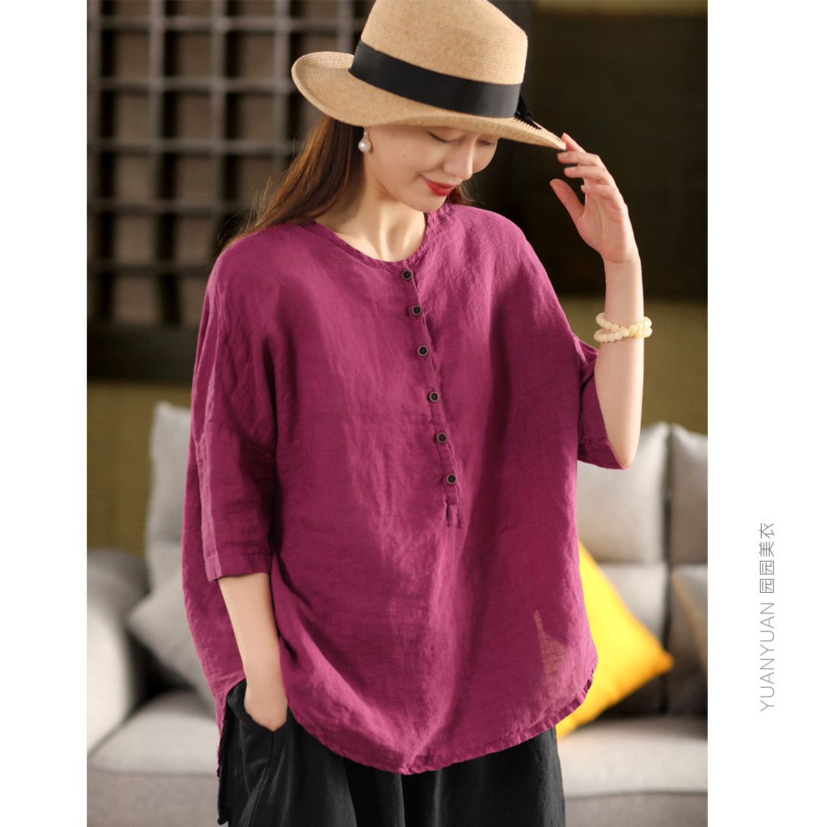 园园美衣复古砂洗100%亚麻衬衫女纯色圆领中袖套头衫气质衬衣上衣