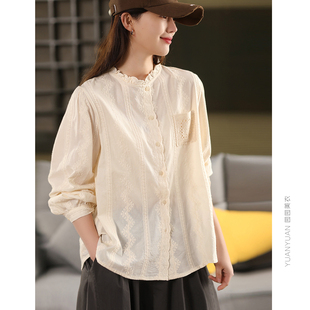 园园美衣复古刺绣全棉衬衫女文艺木耳领衬衫衬衣绣花长袖上衣春款