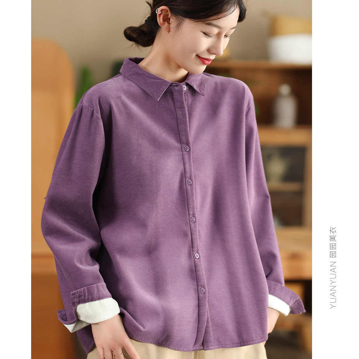 复古单排扣长袖灯芯绒加绒衬衫