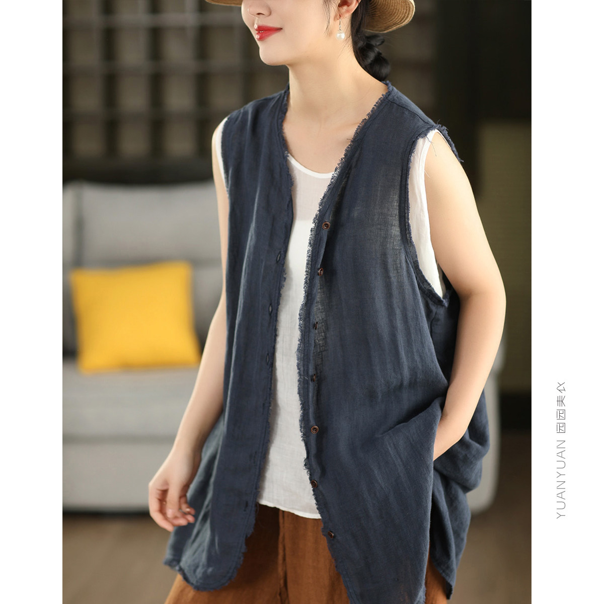 复古100%亚麻无袖马甲外套中长款女个性毛边开衫外搭马夹上衣夏