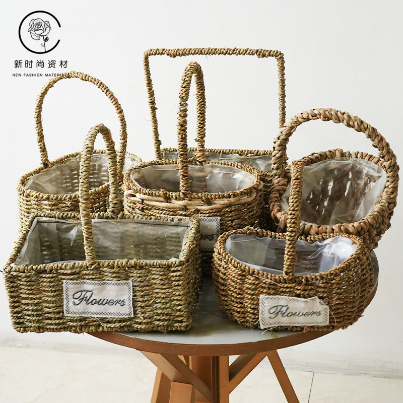 创意手工草编柳编藤编花篮插花小篮子方形手提插花鸡蛋水果编织篮_虎窝淘