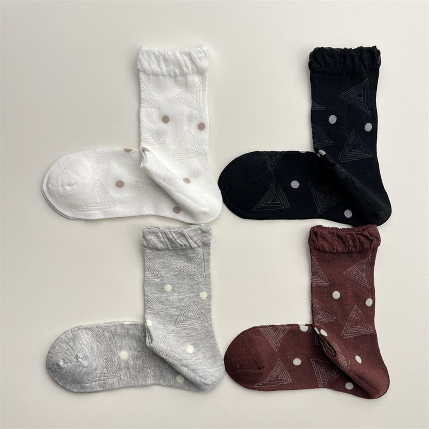 日系可爱泡泡花边波点袜子女春夏薄款几何线条小圆点中筒袜ins潮