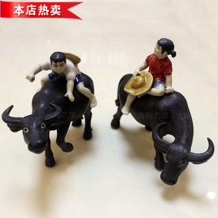 男女牧童骑牛一对放牛娃牧童牛摆件陶瓷牛小朋友放牛复古石湾陶