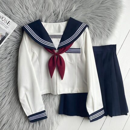 正版现货基础款白三本jk制服收腰版中间水手服学院风校供感百褶裙
