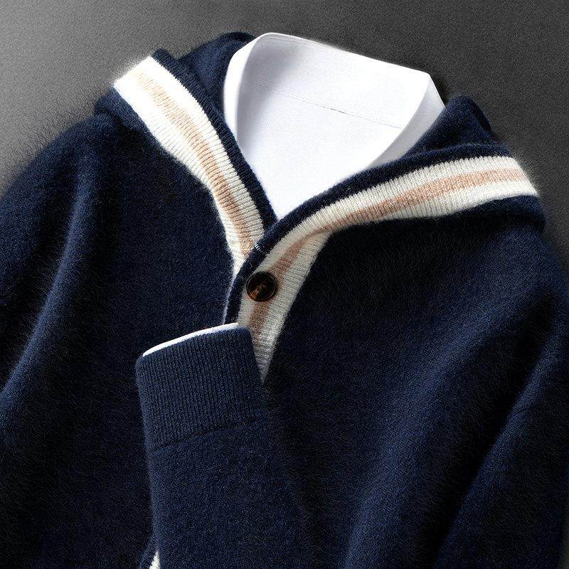 秋冬新款纯山羊绒系扣开衫男士V领连帽加厚毛衣外套带帽上衣外穿