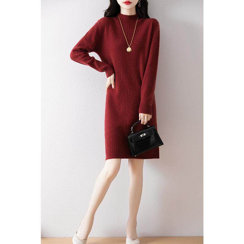 小个子100女纯羊毛连衣裙秋冬新款半高领宽松显瘦内搭中长款毛衣