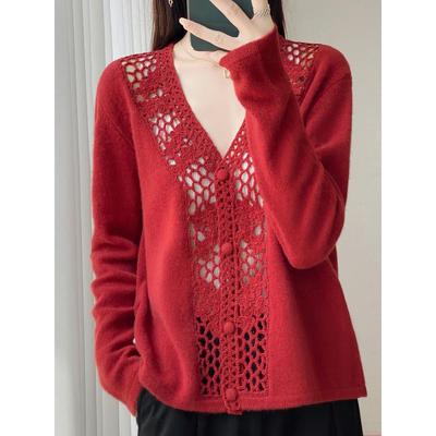 2025新款秋冬100%纯羊毛开衫女钩花镂空V领红色毛衣宽松慵懒外套
