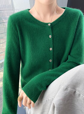 山羊绒新款秋冬百搭开衫女圆领外穿针织毛衫时尚羊毛上衣打底外套