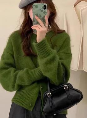 2025秋冬新款100%纯羊毛开衫女圆领纽扣针织外套宽松绿色打底毛衣