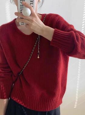 V领宽松100%纯羊毛衫女2025秋冬新款慵懒风红色毛衣针织打底上衣