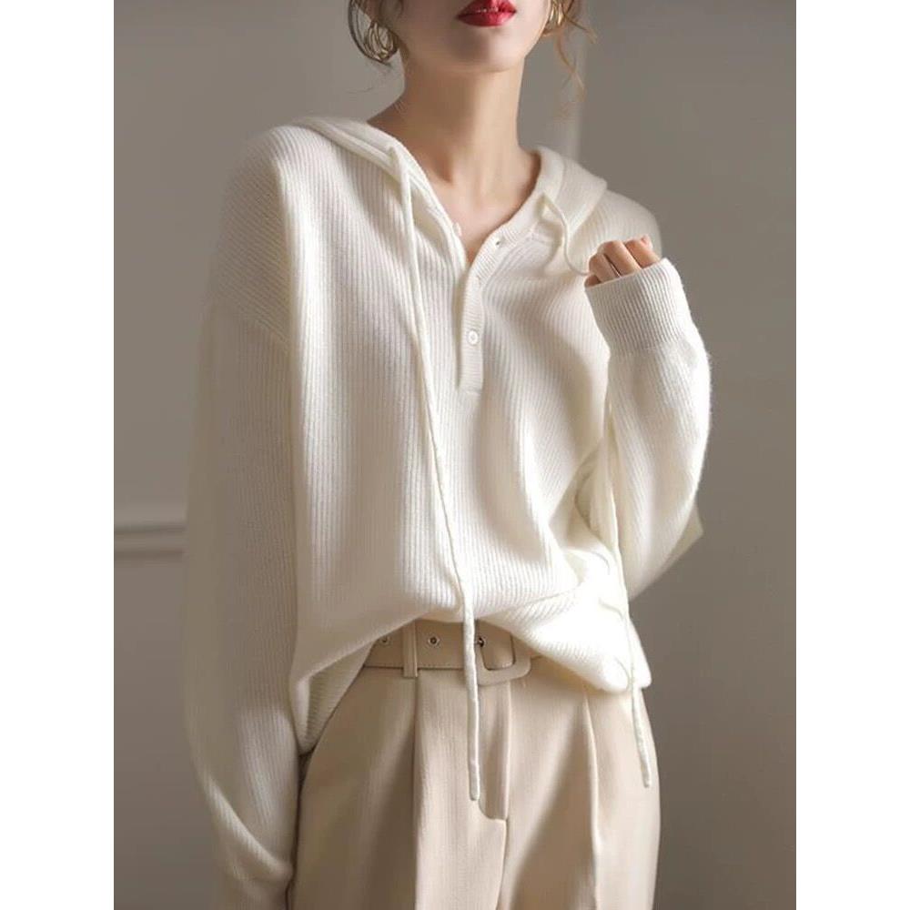 2025新款秋冬100%纯羊毛衫女连帽毛衣韩版百搭纯色针织打底衫上衣