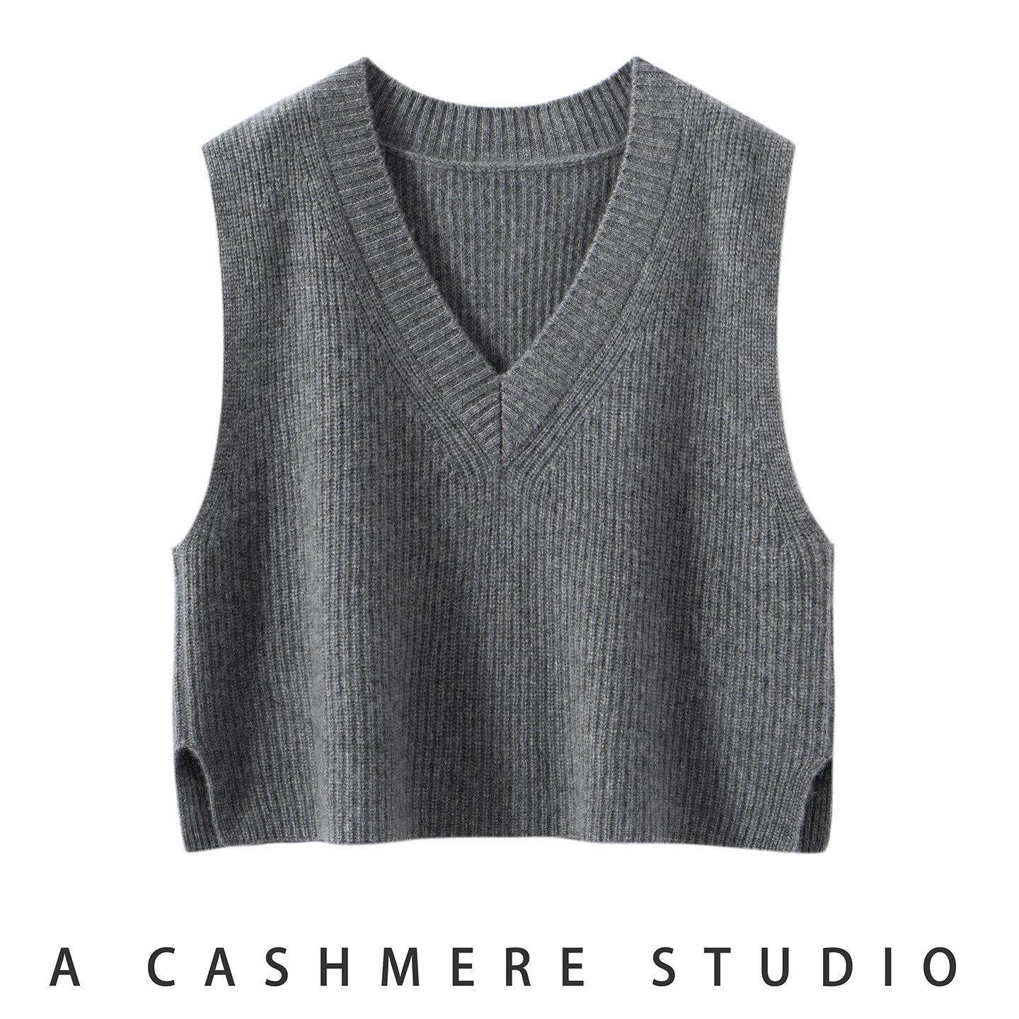 秋冬新款纯山羊绒V领加厚毛衣女宽松慵懒风提花套头针织马甲背心