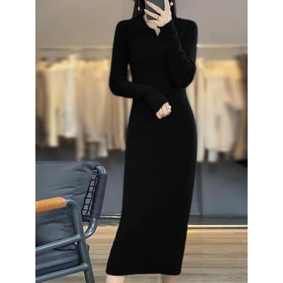 秋冬修身过膝打底羊绒毛衣中长款POLO领100%纯羊毛衫女士保暖上衣