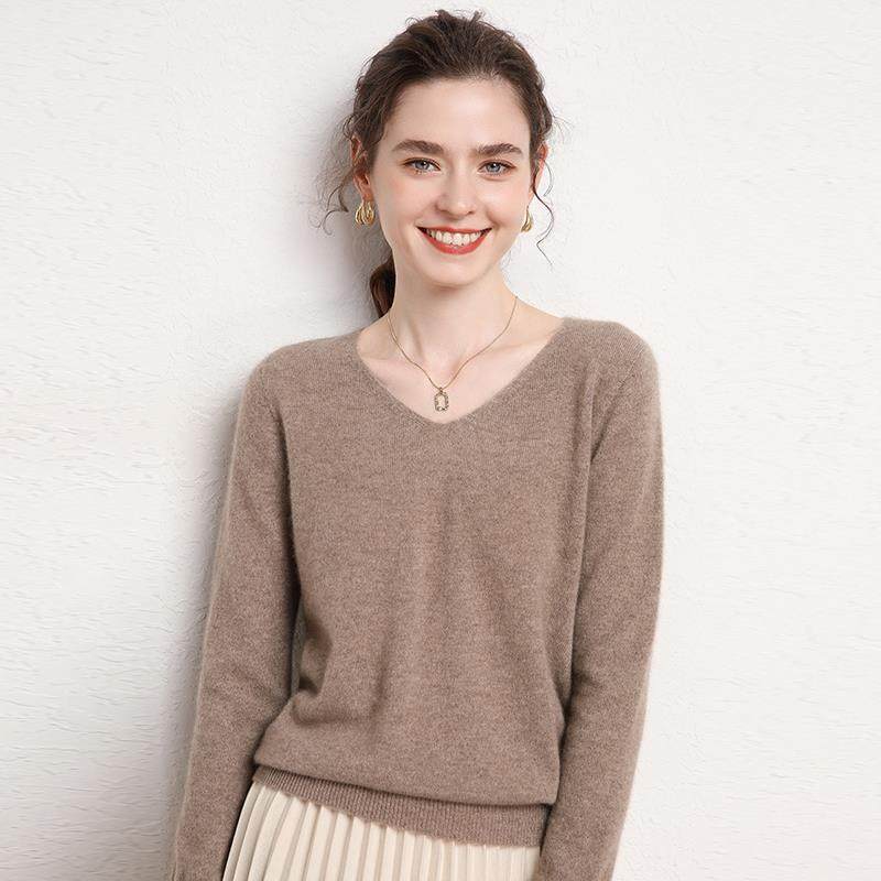 新款V领一线成衣100纯羊毛衫女厚宽松显瘦无缝针织毛衣打底羊绒衫