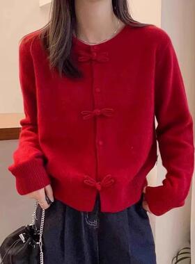 针织羊绒开衫女美丽诺100%羊毛衫女秋冬圆领国风覆古红色毛衣外套