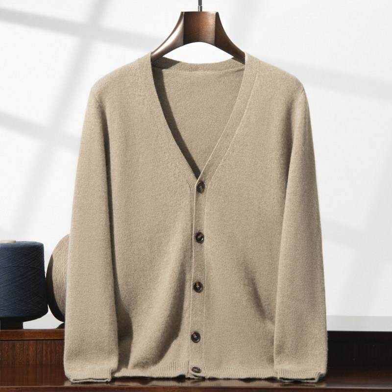 鄂尔多斯产双股加厚100纯山羊绒开衫男V领休闲外套毛衣大码爸爸装