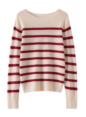 秋冬新款超好看的圆领条纹100%纯羊绒衫女卷边长袖打底衫上衣