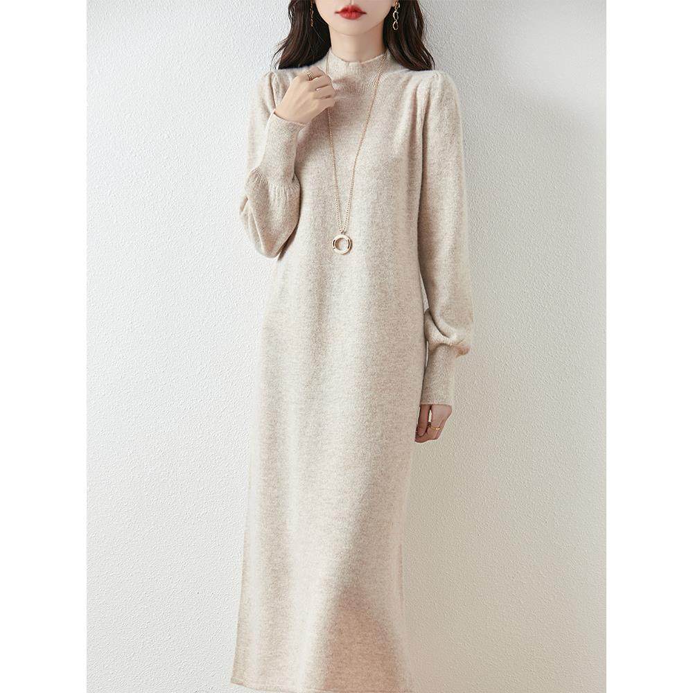 半高领100%纯羊毛针织连衣裙女2025秋冬新款宽松显瘦羊毛连衣裙