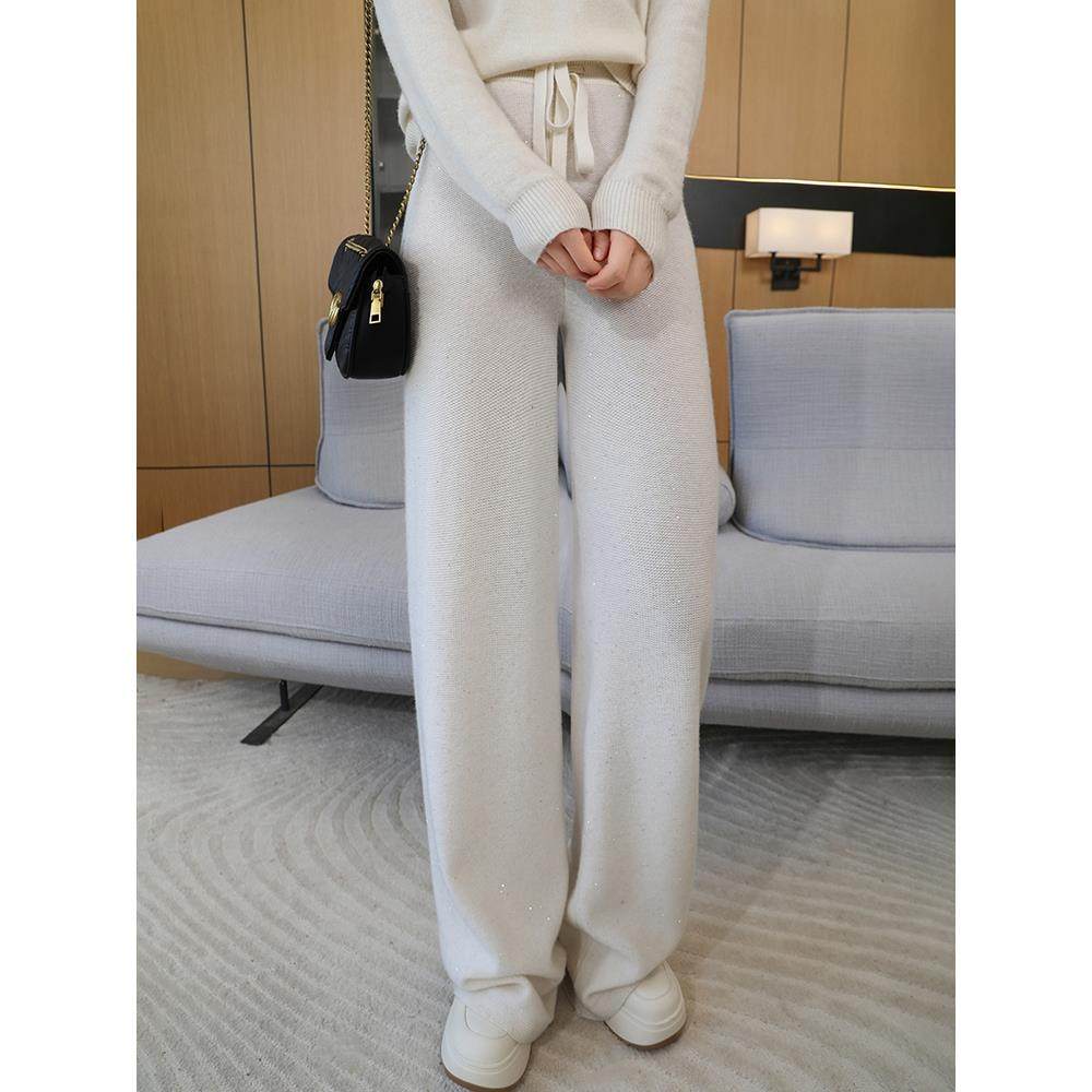2024秋冬新款100%纯羊毛女高腰显瘦针织长裤外穿直筒垂感拖地裤