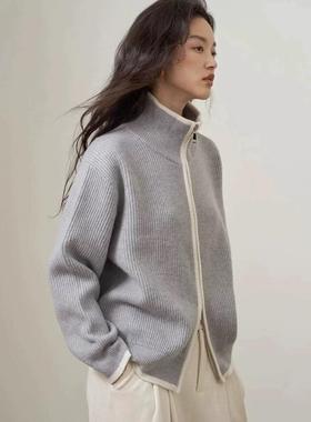 覆古高级感灰色拉炼100%纯羊毛开衫女25早秋新款宽松毛衣针织外套