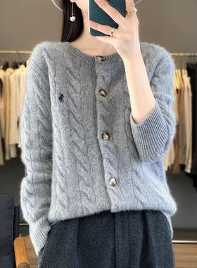 欧洲站100%纯羊毛开衫女小马刺绣圆领休闲针织衫麻花毛衣羊绒外套