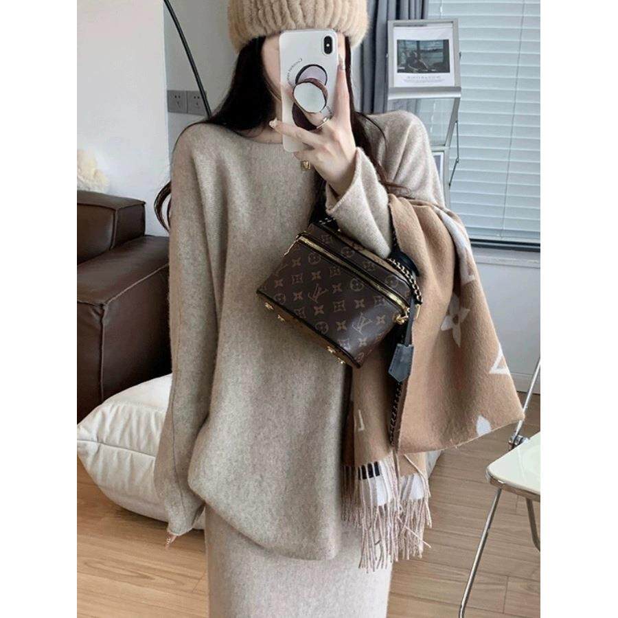 中长款100%纯羊毛衫女2025秋冬新款一字领慵懒风毛衣宽松针织打底