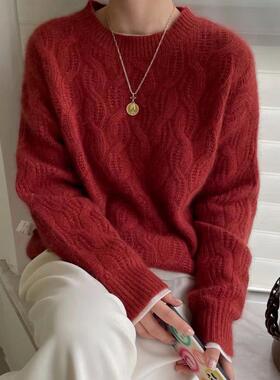 2025秋冬新款100%纯羊毛衫女圆领套头红色毛衣时尚羊绒针织打底衫
