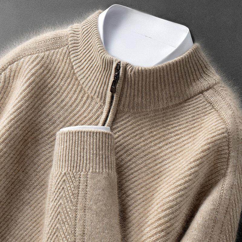 秋冬新款纯山羊绒衫半高领拉链套头衫男士加厚针织打底衫休闲毛衣