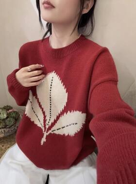 圆领输树叶100%纯羊毛衫女2025秋冬新款提花红色毛衣针织打底上衣