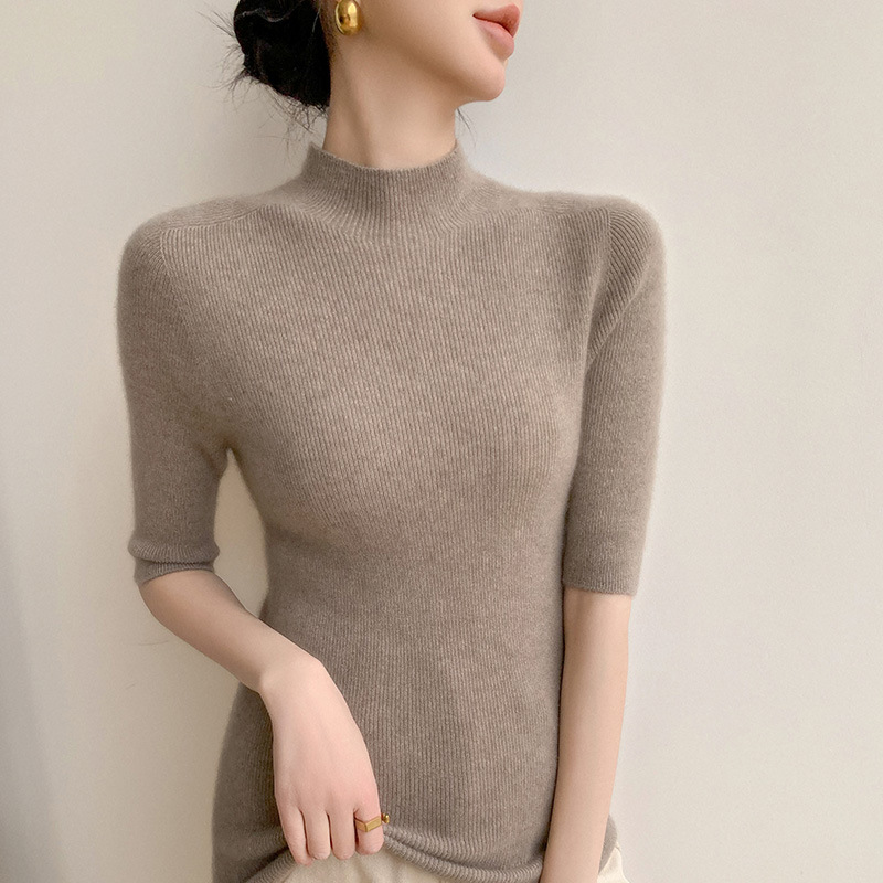 跨境一线成衣安迪绒半袖女2025秋冬半高领修身显瘦百搭针织中袖