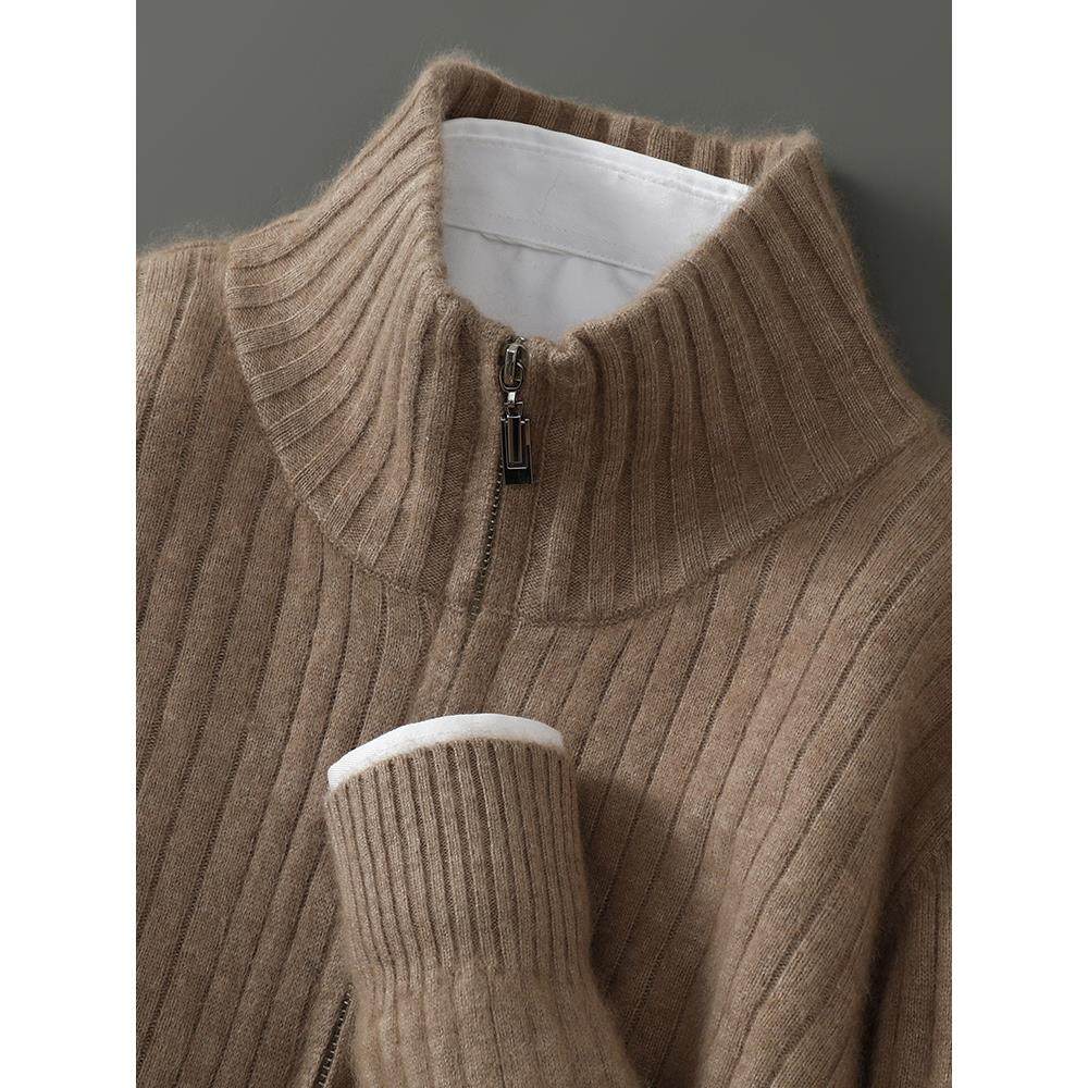 2025秋冬高领纯貂绒衫男宽松显瘦抽条拉链羊绒开衫针织外套上衣